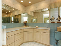 There's a wide vanity counter and sunken shower